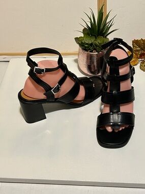 Black Strappy Block Heel Sandals - Women